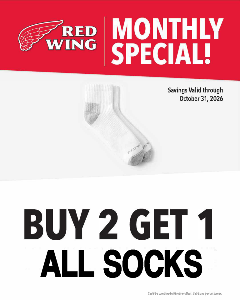 October 2026's special: buy 2 pairs of socks and get 1 free at red wing hampton